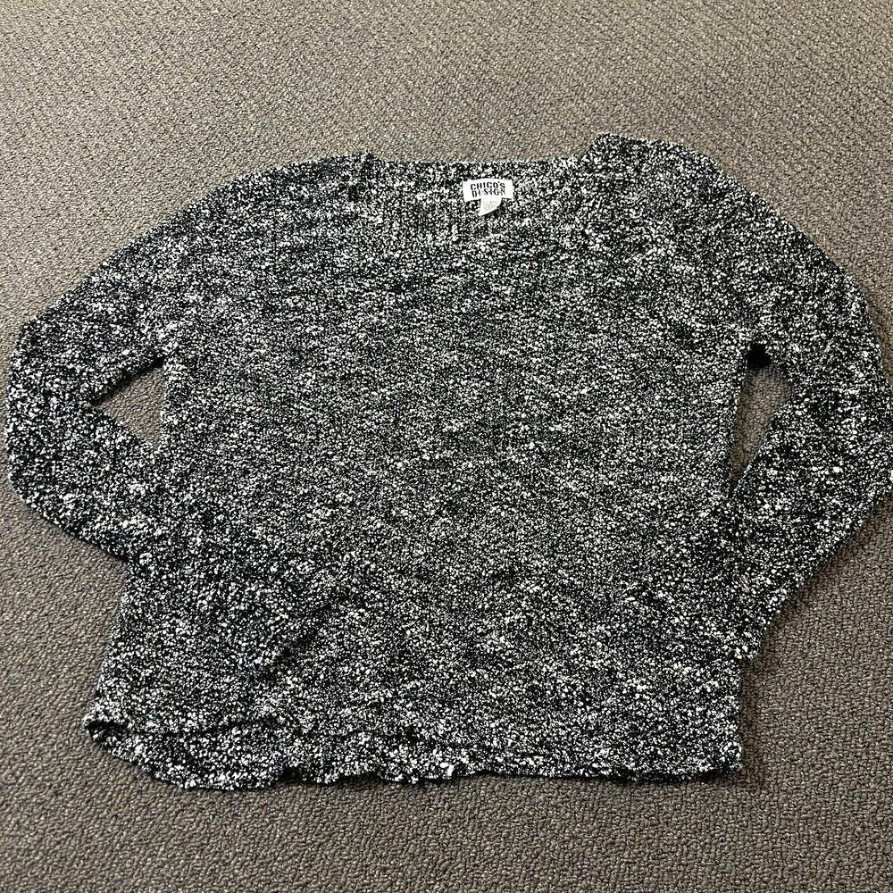 Chicos Design VTG Sweater Women 3 Black White Semi Sheer Pullover Long Sleeve
